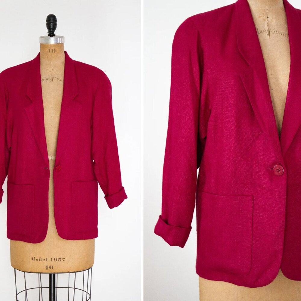 Vintage 80s 90s Hot Pink Barbie Rayon Linen Blazer